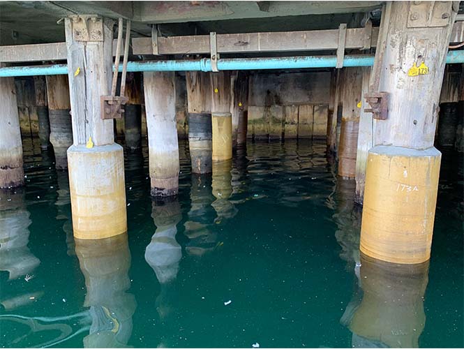 SeaShield 400 system protecting and strengthening timber marine piles 